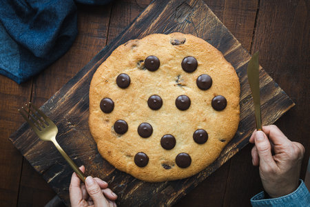 Giant chocolate chip cookie. Large and delicious homemade cookie with chunks of dark chocolate. The perfect breakfast or snack for those with a sweet toothの写真素材