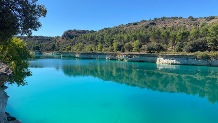 Crystal water in Lagunas de la Lengua in Ruidera in Castilla la Mancha, Spainの写真素材