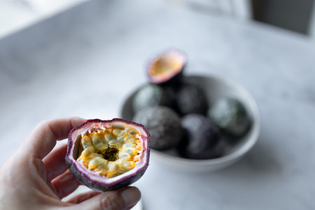 Passion Fruit Illuminated in Kitchen Daylightの写真素材