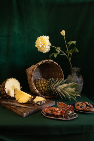 Exotic Elegance: a Pineapple Still Life. Pineapple in Chiaroscuroの写真素材