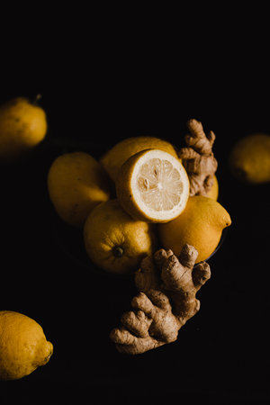 Lemons and fresh ginger on dark backgroundの写真素材