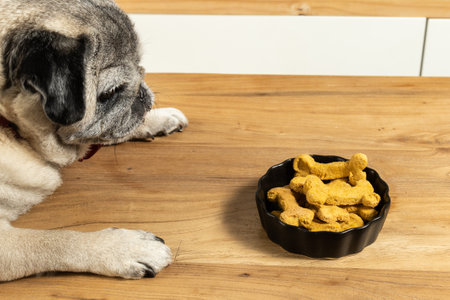 Adorable pug gazing attentively at a bowl of bone-shaped cookiesの写真素材
