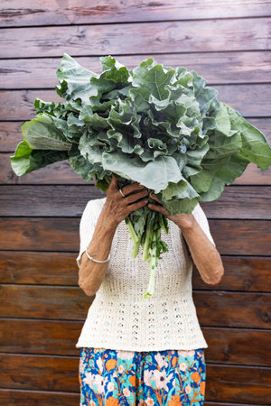 Farmer holding a bunch of fresh kale in his hands in the garden
