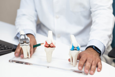 Orthopedic doctor explaining knee implants to a patient in his office.の写真素材