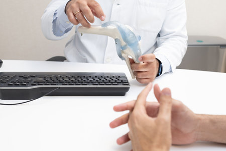 Doctor teaches a patient about knee ligaments using a model, providing insights into joint structure and injury preventionの写真素材