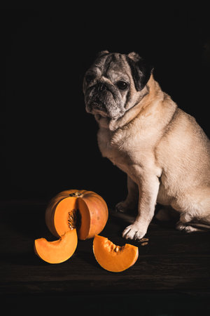 An elegant and artistic shot of a pug posed next to a pumpkin, featuring low-key chiaroscuro lighting on a black backgroundの写真素材