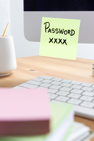 A sticky note with a password written on it, placed on a computer screen, representing poor security habits and the risk of data exposureの写真素材