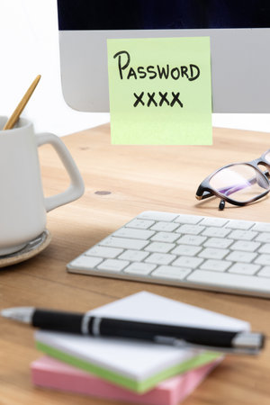 A close-up image of a sticky note attached to a computer screen with a visible password, emphasizing...
