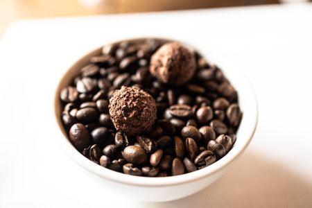 cocoa and coffee truffles with a smooth, rich texture and intense flavor. A gourmet chocolate delicacy for coffee and dessert lovers alikeの写真素材