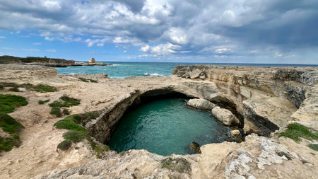 Breathtaking view of The Poetry Cave (Grotta della Poesia), a stunning natural pool just a few kilometers from Lecce, Italyの写真素材