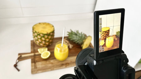 A photo showing a digital camera focused on a vibrant pineapple smoothie, capturing the behind-the-scenes moment of creating healthy lifestyle content, ideal for nutrition blogs or social mediaの写真素材
