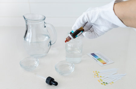 pH analysis of drinking water using a liquid indicator to reveal its acidity or alkalinity, highlighting the importance of water quality in daily health and hydration.の写真素材