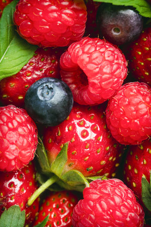 A vibrant and fresh arrangement of strawberries, raspberries, blueberries, and mint leaves, showcasing a colorful, healthy, and natural selection of berriesの写真素材