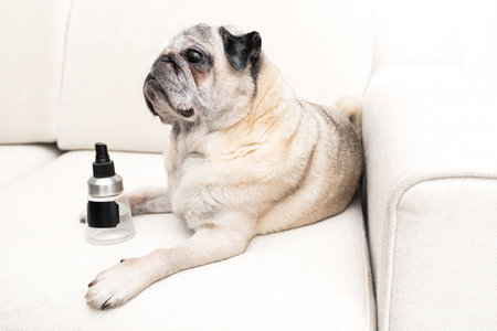 A relaxed pug sits on a home sofa in front of a neutral bottle, symbolizing natural, non-toxic cleaning products or homemade anti-parasite sprays.の写真素材