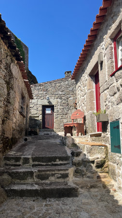 Sortelha, a medieval village in the district of Guarda, Portugal. With its cobbled streets, stone houses, and fortified wallsの写真素材