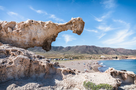 Beautiful coastal landscapes of Playa de los Escullos in the Cabo de Gata-NÃ­jar Natural Park,...