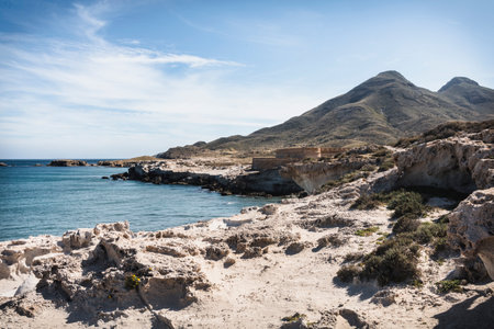 A tranquil view from the shore at Playa de los Escullos in the Cabo de Gata-NÃ­jar Natural Park, AlmerÃ­a.の写真素材
