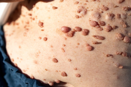 Close-up medical photograph showing neurofibromas on the abdominal skin of a patient with neurofibromatosisの写真素材