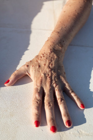 Close-up photograph showing the hands of a patient with neurofibromatosisの写真素材