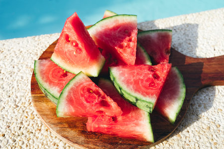 Fresh watermelon slices on wooden board by the swimming pool, summer fruit snack outdoorsの写真素材