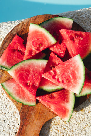 Fresh watermelon slices on wooden board by the swimming pool, summer fruit snack outdoors
