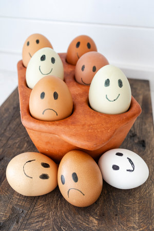 eggs painted with happy faces and one sad egg, symbolizing freshness and food quality differences. Concept of fresh and spoiled eggs, humor and healthy food choiceの写真素材