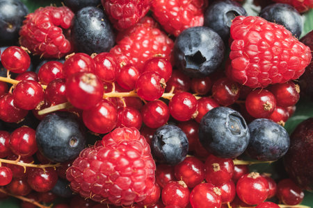 Close-up photograph of delicious ripe red berries including raspberries, blueberries, and red...