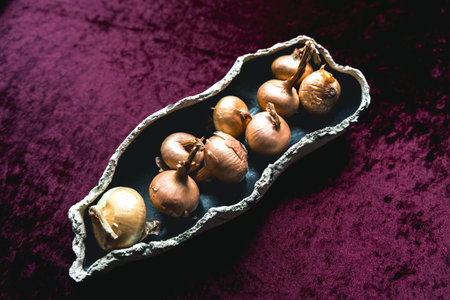 Close-up photograph of freshly harvested yellow onions, highlighting their natural golden skin and organic texture.の写真素材