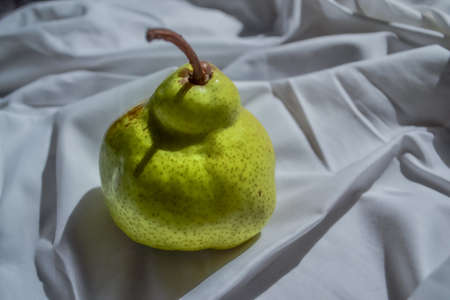 ripe green pear on white drapery with folds in light of sunの写真素材
