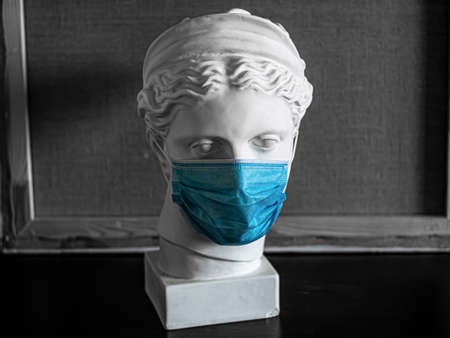 Plaster copy of the head of the ancient statue of Diana on a light textured back. The face of a...