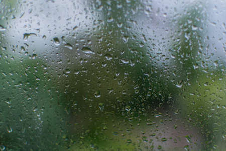 Small wet raindrops on window glass. Damp rainy sad weather. Blurry outlines of green forest trees...