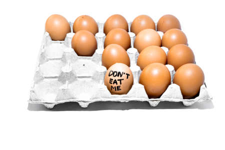 Many orange spotted brown chicken eggs in carton open box container on white background. One egg...