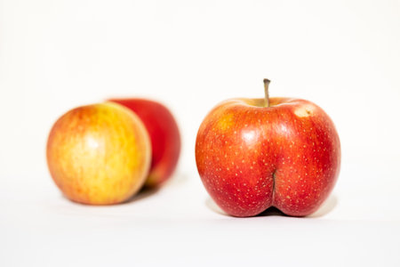 Unusual shape of bright ripe red apple in the shape of an ass in the light of the sun on a white...