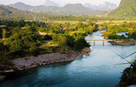 River and mountains in Laosの写真素材