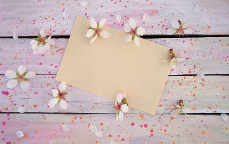 Spring flowers on a mock up derevyannos backgroundの写真素材