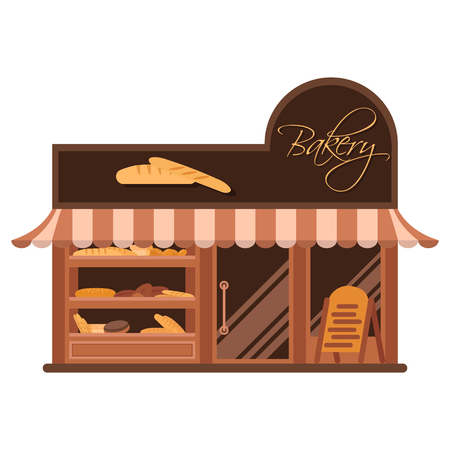 Bakery facade. Showcase with sweets. Cakes and bread. Flat vector.のイラスト素材