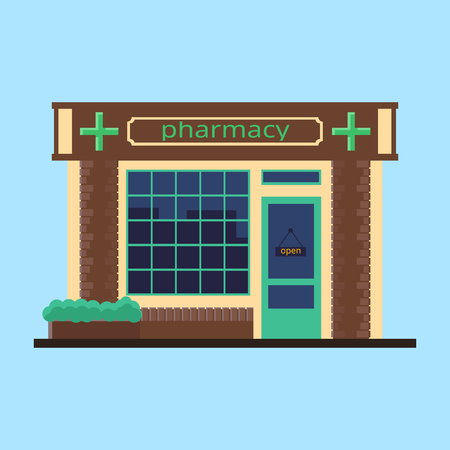 Facade of pharmacy. Pharmacy store icon flat.のイラスト素材