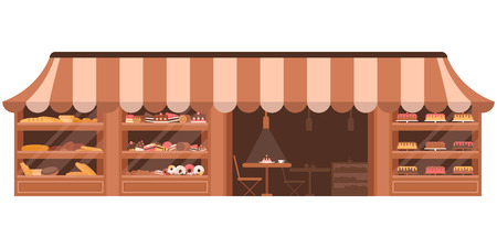 Bakery facade. Showcase with sweets. Cakes and bread. Flat esp10.のイラスト素材