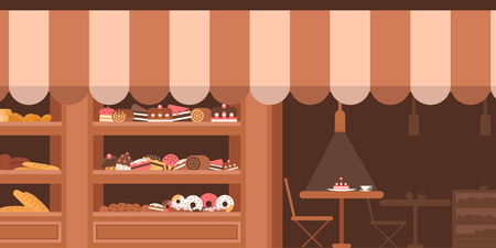 Bakery facade. Showcase with sweets. Cakes and bread. Flat vector.のイラスト素材