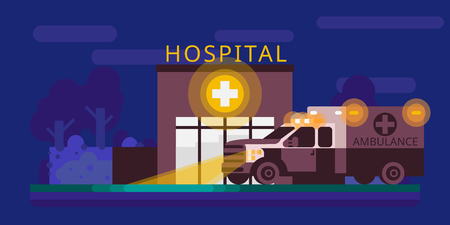 Hospital facade and ambulance car, flat design vector illustration.のイラスト素材
