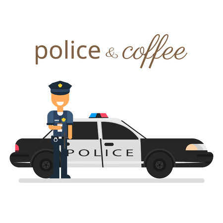 A policeman drinks coffee. Flat vector illustration.のイラスト素材