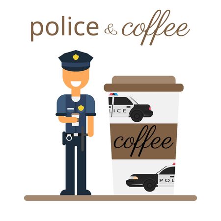 A policeman drinks coffee. Flat vector illustration.のイラスト素材