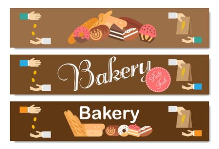 Bakery background vector flat. Bread and pastries banner set.のイラスト素材