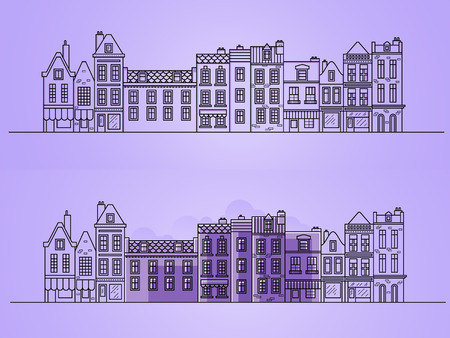 European houses. Different sizes and constructions. Old houses of Europe Flat vector in lines.のイラスト素材
