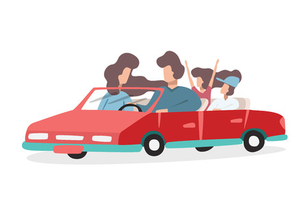 Young happy family is traveling on a red car. Dad and Mom and their little children. Flat vector.のイラスト素材