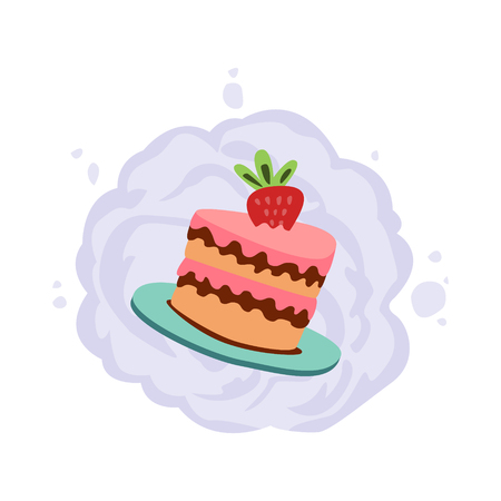 A small pie with a big strawberry. The concept of postcards or explosive discounts and promotions. Vector in cartoons.のイラスト素材