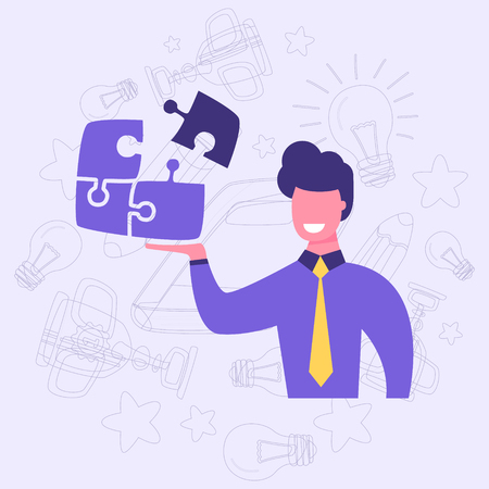 Businessman holds a puzzle in his hand. The symbol of the problem or task. The concept of a solved problem.のイラスト素材