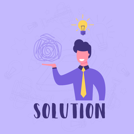 Businessman holds in his hand a tangled tangle. The symbol of an unresolved problem or task. Problem Solving Concept. There is an idea how to solve.のイラスト素材
