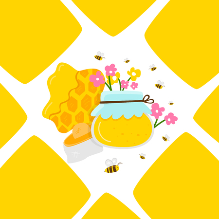 A jar of honey, honey comb, wax. Straw hat from bees on a flowering meadow, bees fly around and flowers bloom. Cellular background. Cartoon vector.のイラスト素材