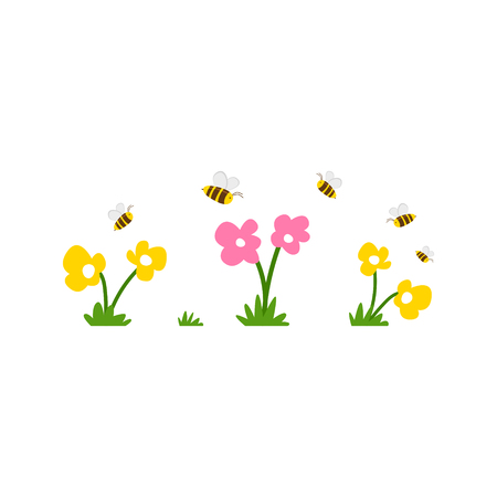 Flowers in the meadow, bees flying around. Cartoon vector.のイラスト素材